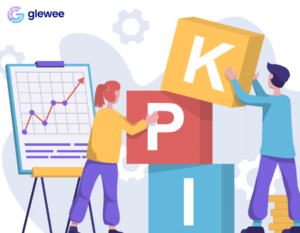 Colorful graphic with linier chart and a woman in purple pants and yellow top stacking three blocks with the letters K, P and I on them)