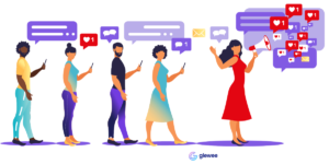 Influencer in red dress with megaphone and two men and two women following and posting on social media.