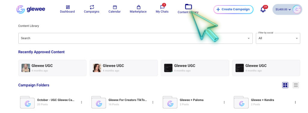 Brands on Glewee can locate and download all of the content that influencer have made for them