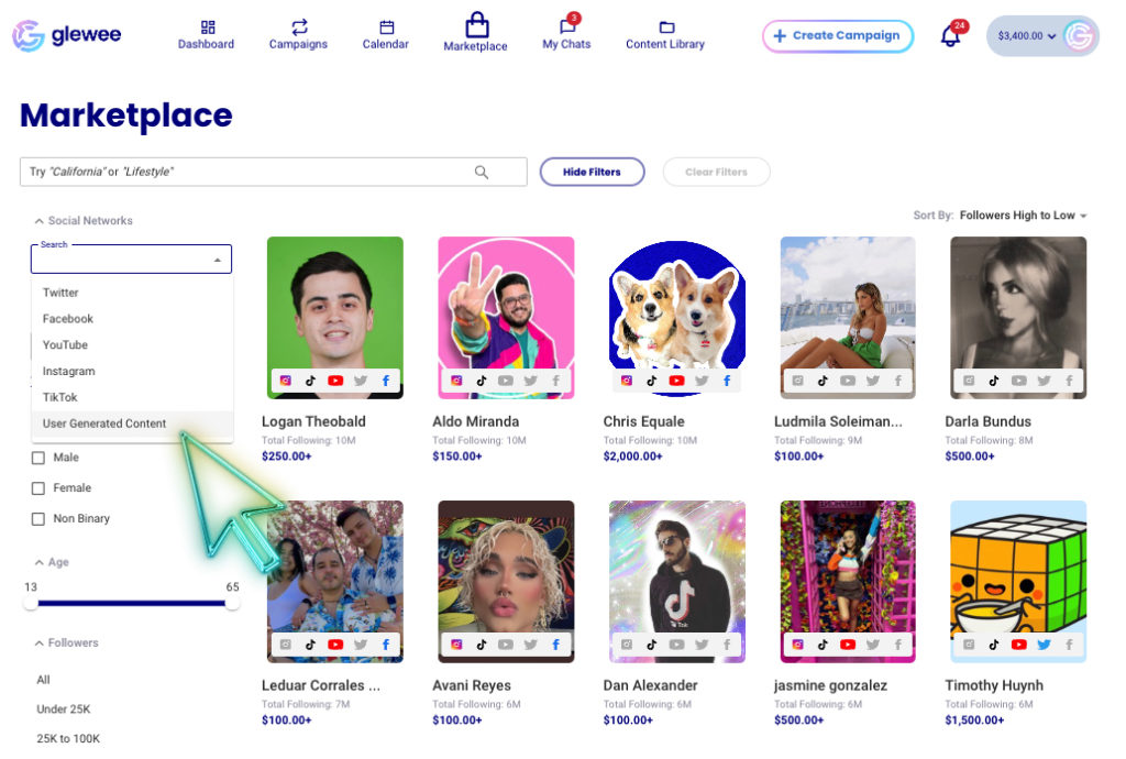 Brands can work one on one with creators and influeners on Glewee’s marketplace in the UGC platform to get content 