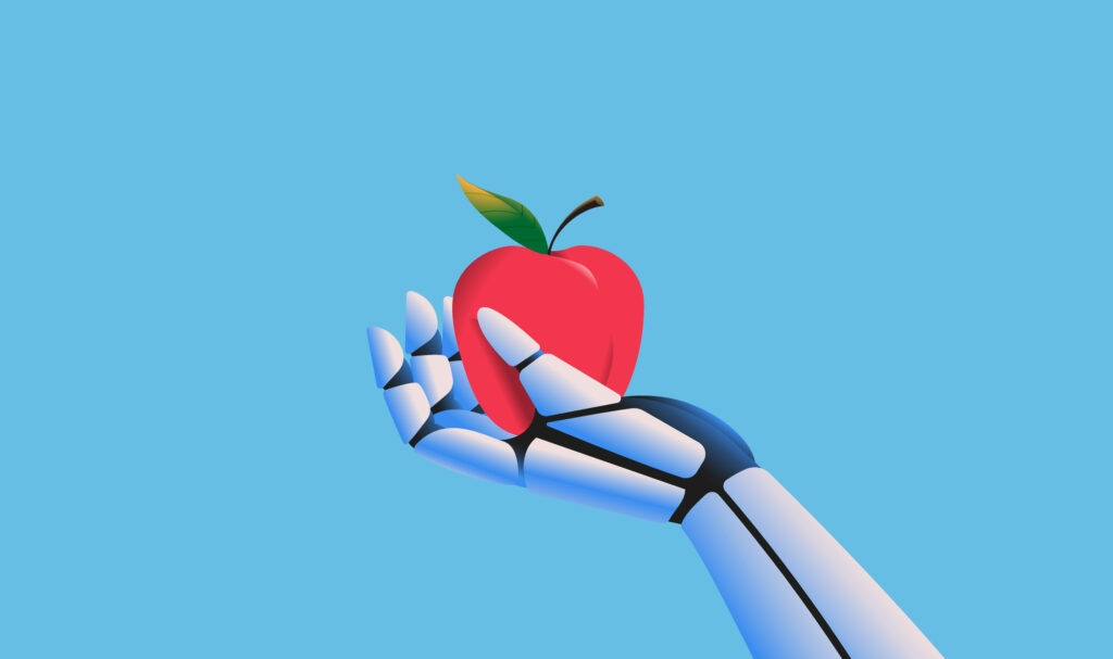 Robot hand holding an apple drawing graphic over blue background