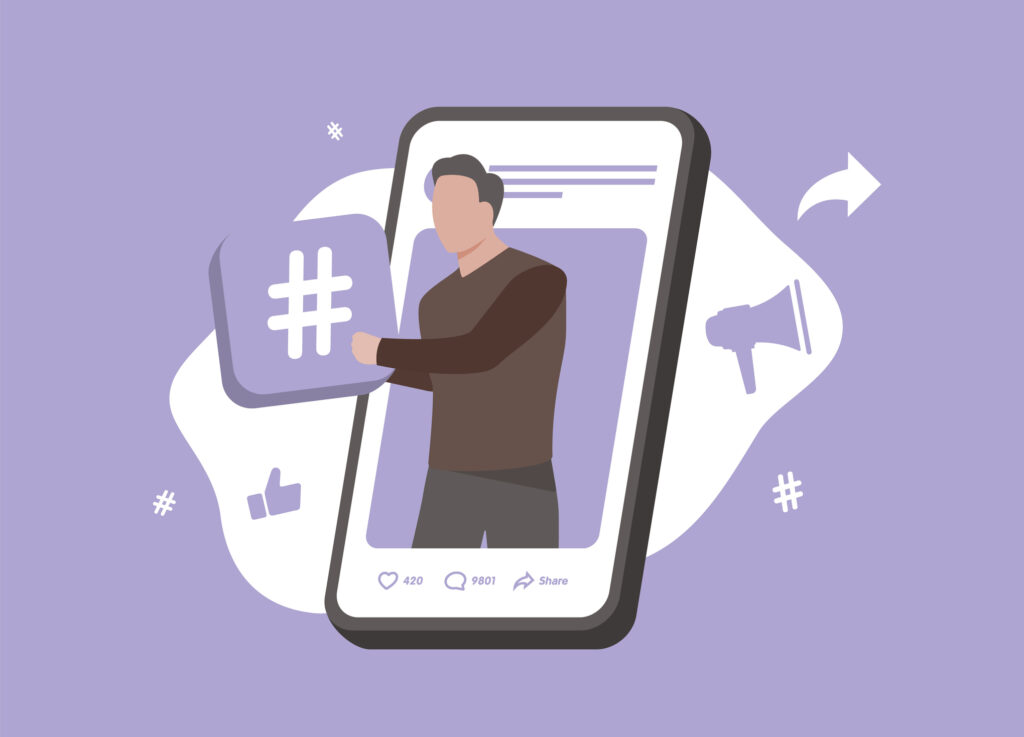 Graphic of a person coming out of a phone as a cartoon holding a block that has a hashtag in it