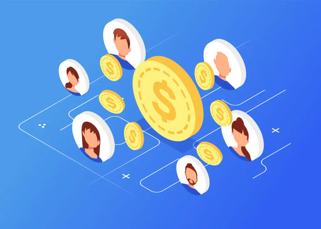 A graphic of coins connecting icons of people