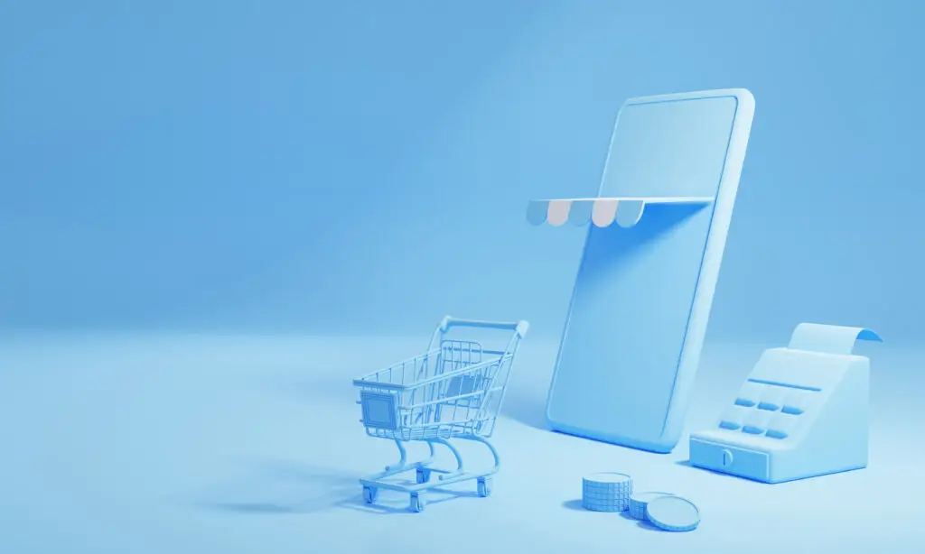 Shopping cart, phone, and cash register covered in light blue in a 3D model space
