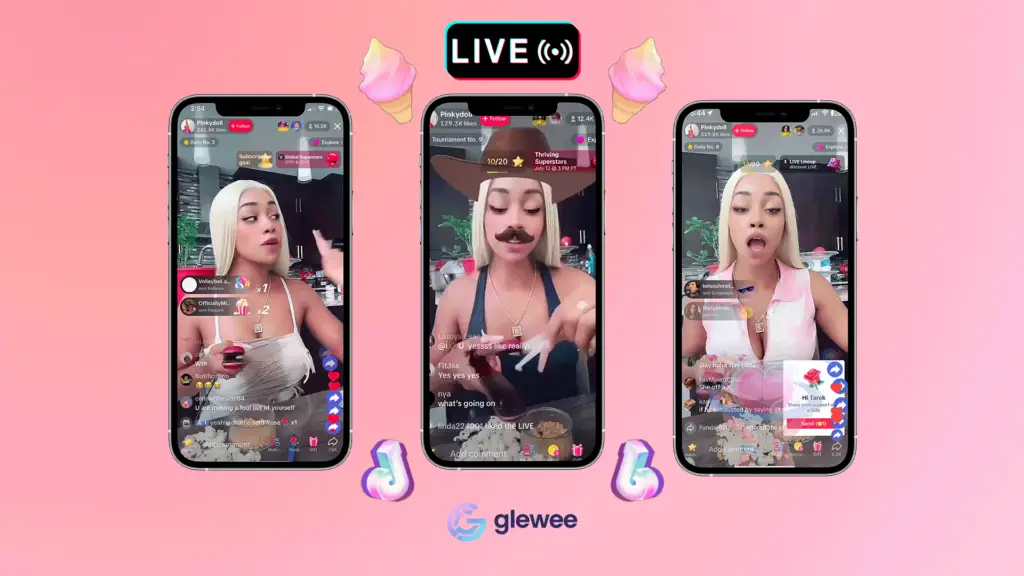 PinkyDoll TikTok Creator over pink background with TikTok emojis around her