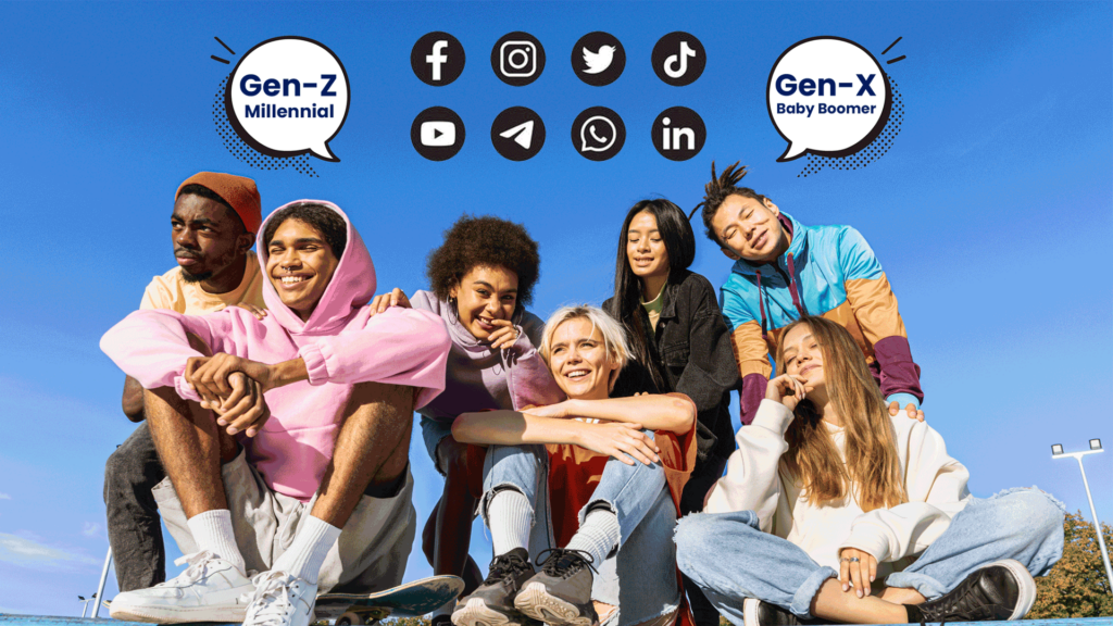 A group of people sitting smiling in the sun with blue background. Bubbles above them saying "Gen-Z" "Millennial" "Gen-X" and "Baby Boomer" with social media icons hovering above them