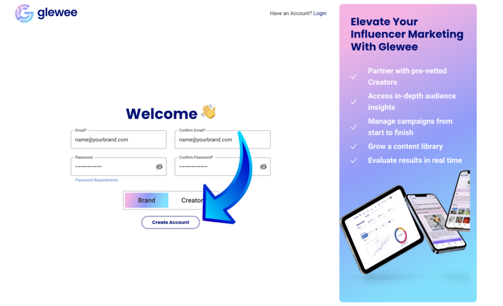 Preview of Glewee's sign-up page for Brands and Creators 
