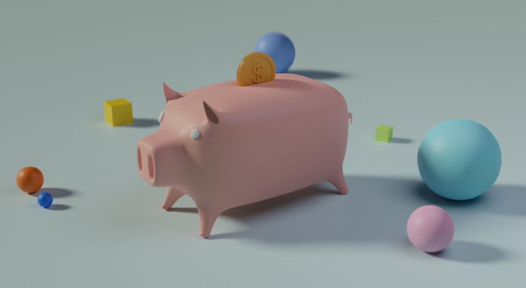 virtual piggy bank surrounded by finance symbols 