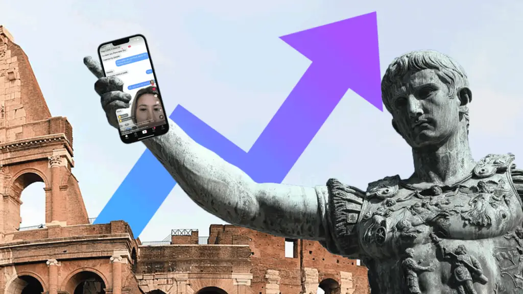 Augustus Caesar holding an iPhone with a viral creator on the screen