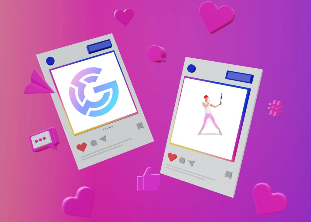 purple graphic of two mock social media posts, one featuring the Glewee logo
