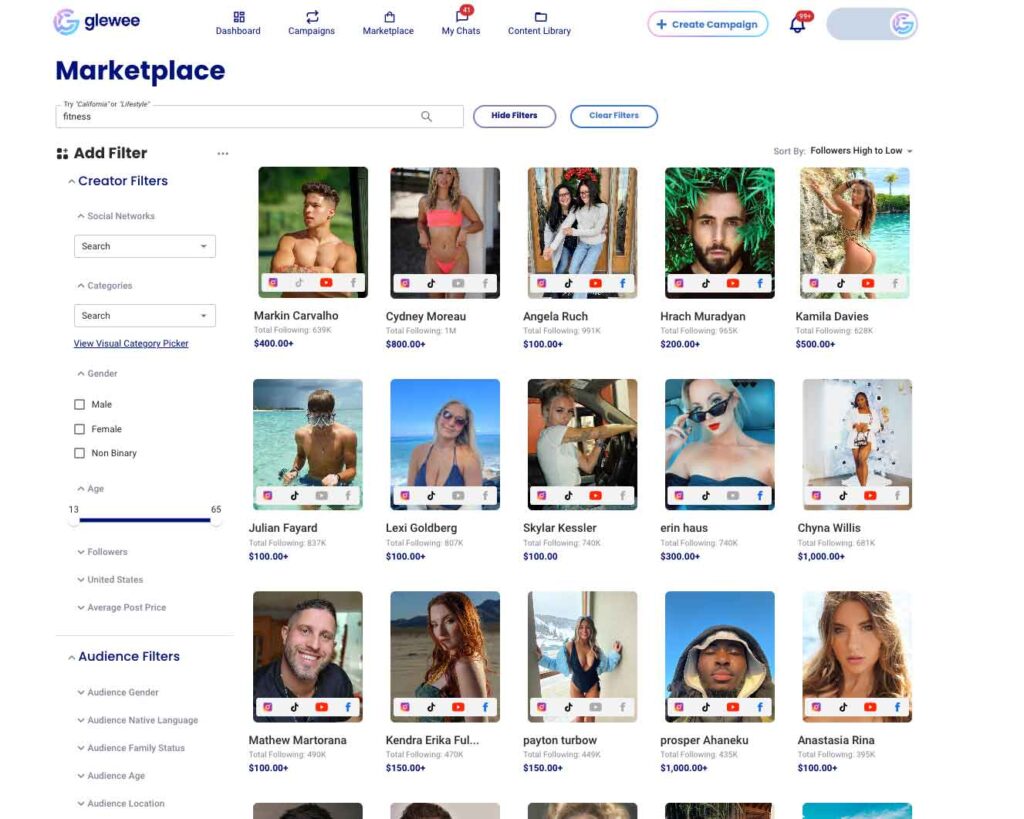 A screenshot of the Glewee Platform showing influencers on Instagram