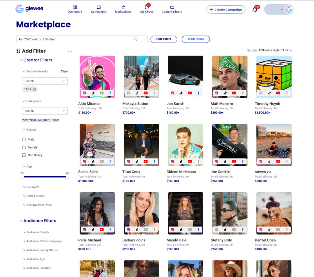 A screenshot of the Glewee Platform showing influencers on TikTok