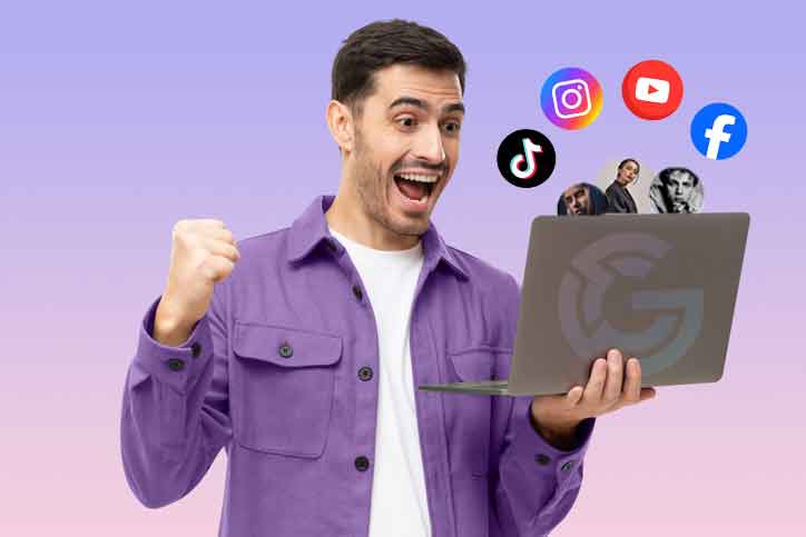 Person siling at computer with social media logos on the right to his head over purple gradient background