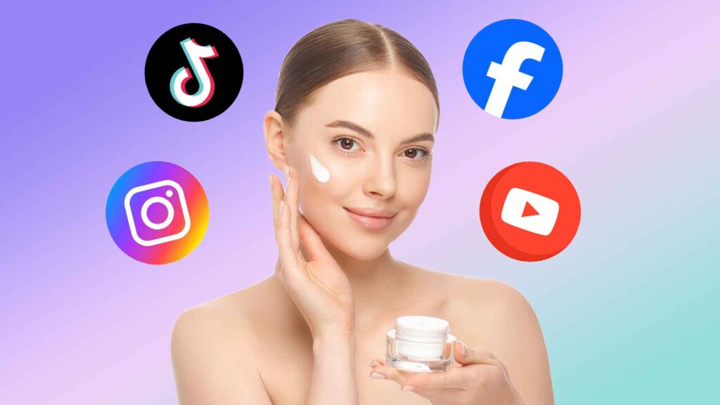 Girl putting makeup on her face with social media logos around her on top of gradient background