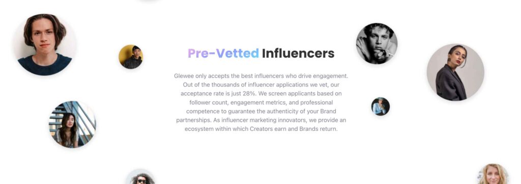 A screenshot from Glewee's website saying Pre-Vetted Influencers