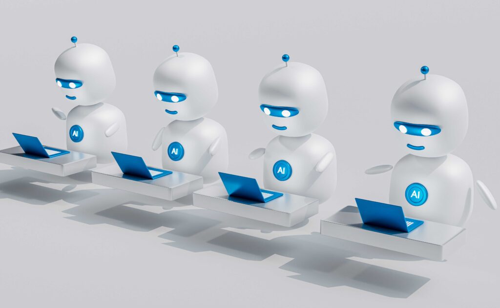 A graphic with four white AI-labeled robots typing on laptops. This image is used to enhance the reading experience when learning to find influencers for free. 