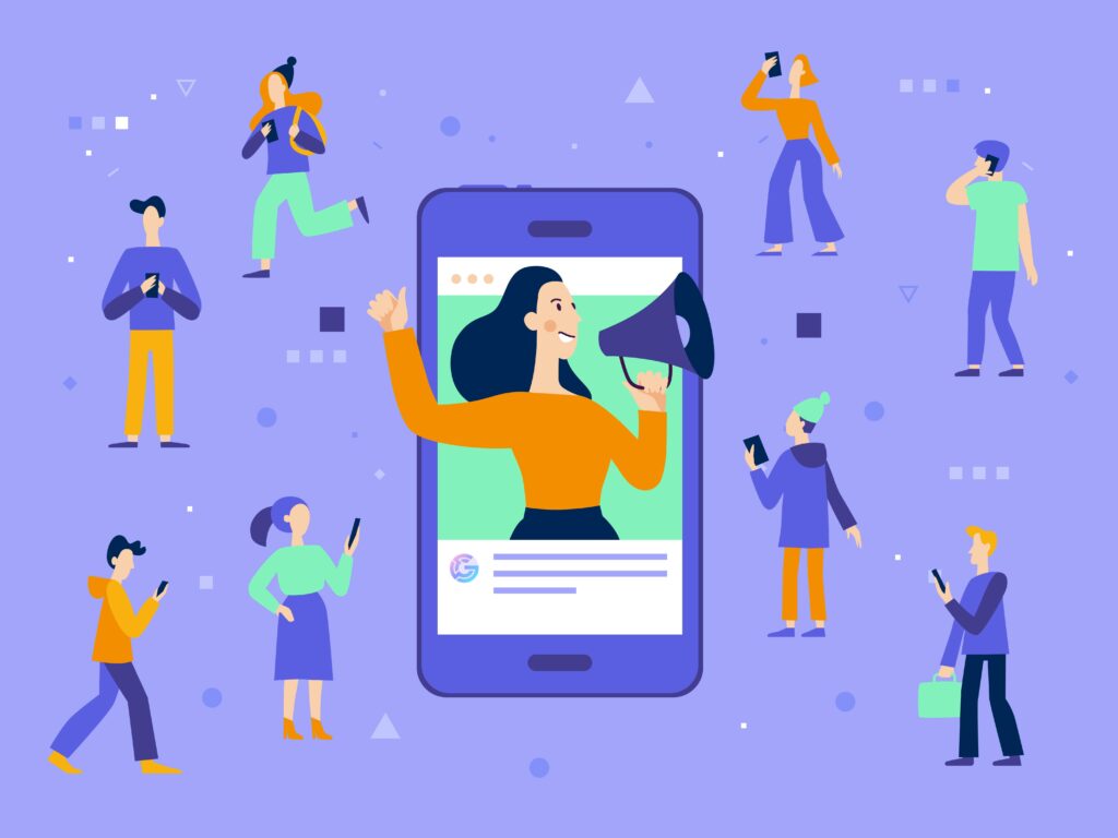 An illustration of an influencer on an iPhone screen using a megaphone to capture the attention of people surrounding her. This image is used to enhance the reading experience when learning to find influencers for free.