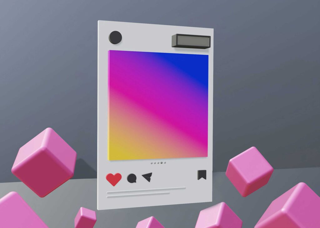 An illustration of a social media post frame filled with a rainbow gradient and surrounded by pink cubes. This image is used to enhance the reading experience when learning to find influencers for free. 