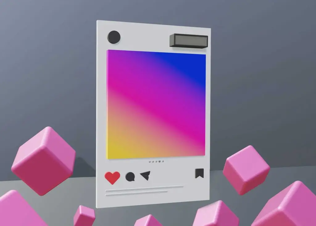 An illustration of a social media post frame filled with a rainbow gradient and surrounded by pink cubes. This image is used to enhance the reading experience when learning to find influencers for free. 