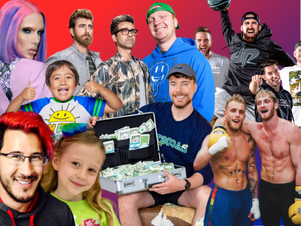 A collage of influencers mr beast, jeffree star, like nasrtya, jake and logan paul, dude perfect, markiplier, rhett and link, ryans world, and unspeakable over a red backgrounc