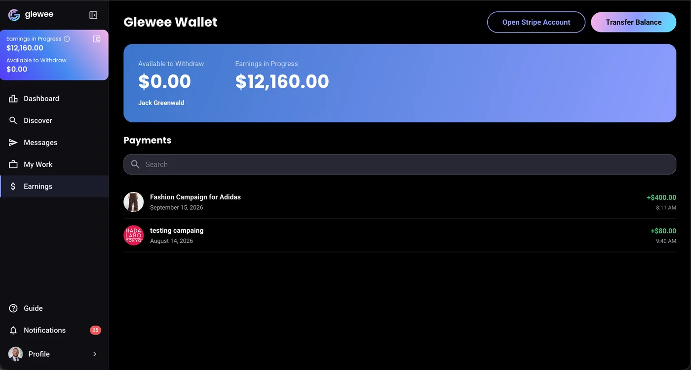 Glewee earnings and wallet